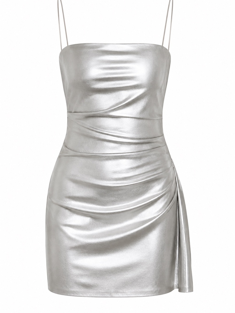 MISHA Rocio Metallic Silver Ruched Mini Dress Size S